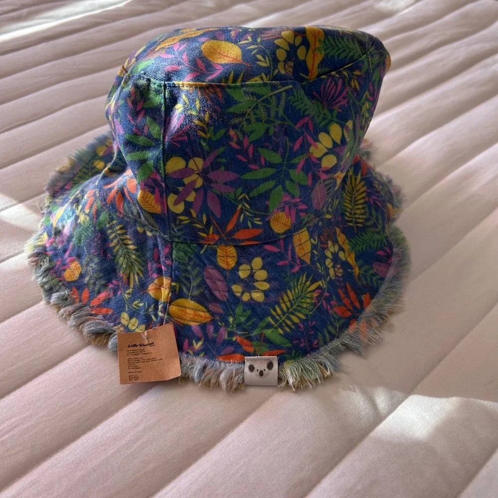 Little Brownie Bakers Reversible Tropical Leaf Bucket‎ Hat Blue Tan Frayed Edge
